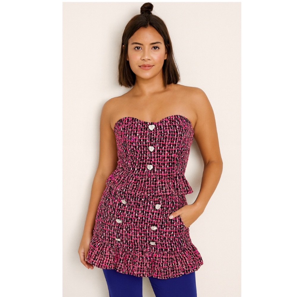 DAY + MOON Women’s Size Pink Tweed Sweetheart Neckline Top & Mini Skirt Set